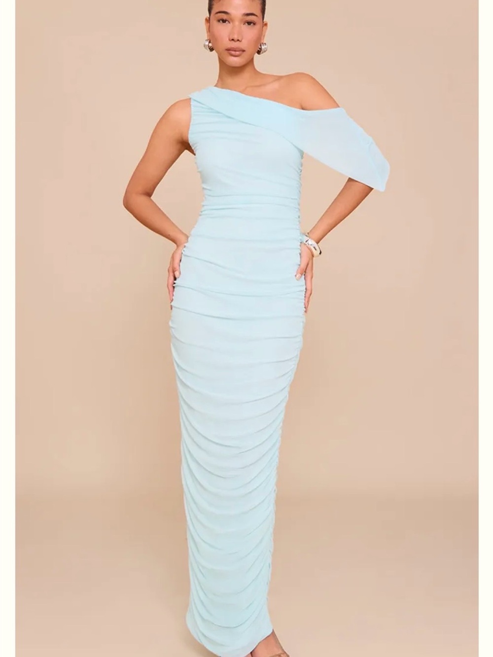 PLT Powder Blue One-Shoulder Ruched Gown - Picture 2 of 4